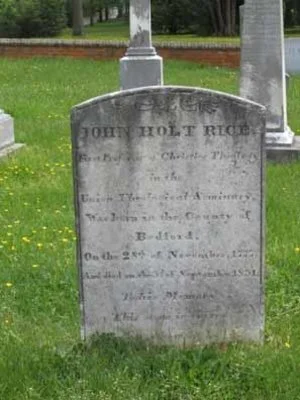John Holt Rice is buried at Union Theological Seminary Cemetery, Hampden Sydney, Virginia.