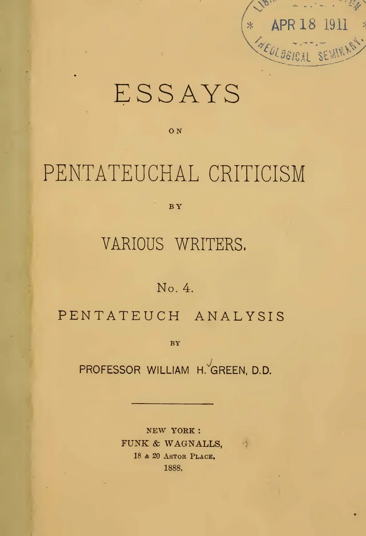 Green, William Henry, Pentateuch Analysis Title Page.jpg