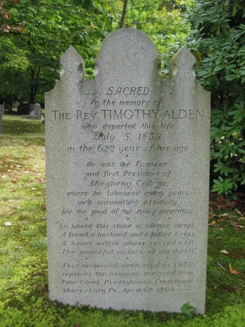 Timothy Alden, Jr. is buried at Greendale Cemetery, Meadville, Pennsylvania.