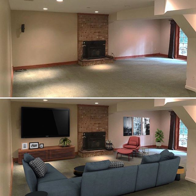 Before &amp; After Basement Rec Room - Another great place to hang out that you can now visualize with Virtual Home Staging. Contact us at www.FineLinesFurnishings.com.
.
.
.
.
.
#realestate #realtor #realtors #realtorlife #realestateagent #realestat