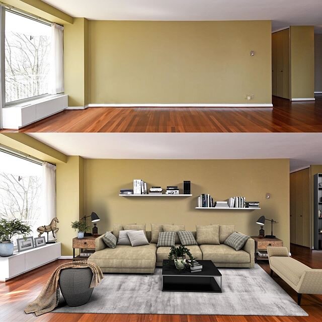 Before &amp; After condo living room! SOLD soon after listing. Decorated pictures really step up your game. Virtual Staging works! Evelyn Lugo with Compass sold it quick with Virtual Staging!