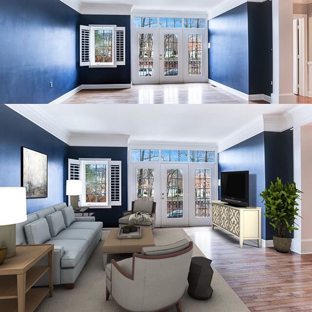 Before &amp; After Living Room. We work with your current decor and decorate around it. Make your house move in ready! Contact Jean Garrell for more info! FineLines can help your virtual staging anywhere in the country!