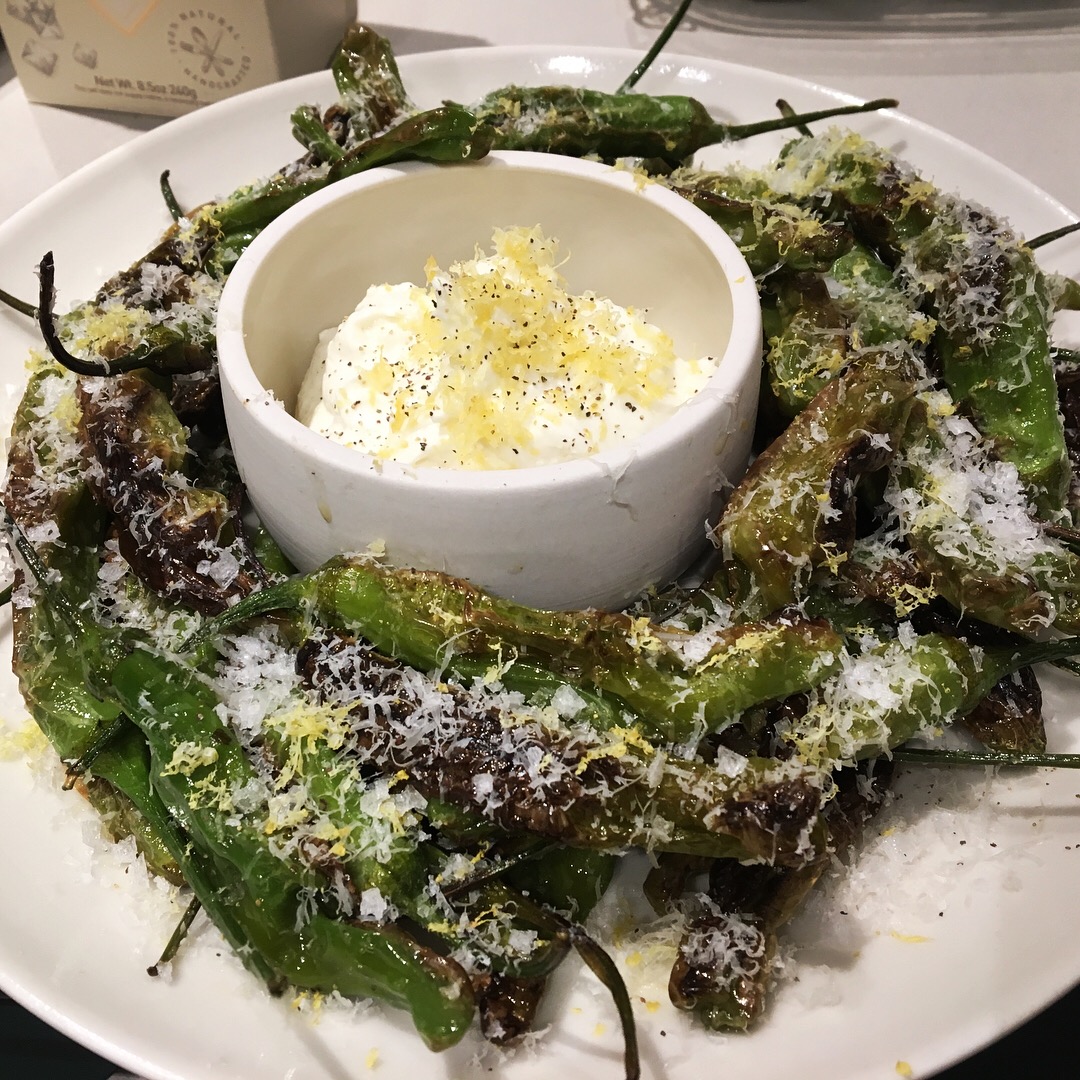 First up was some blistered shishito peppers with lemon zest, parmesan, Maldon salt, and goat cheese whipped with more lemon. Trendy, I know, but I'm a sucker for these little guys.