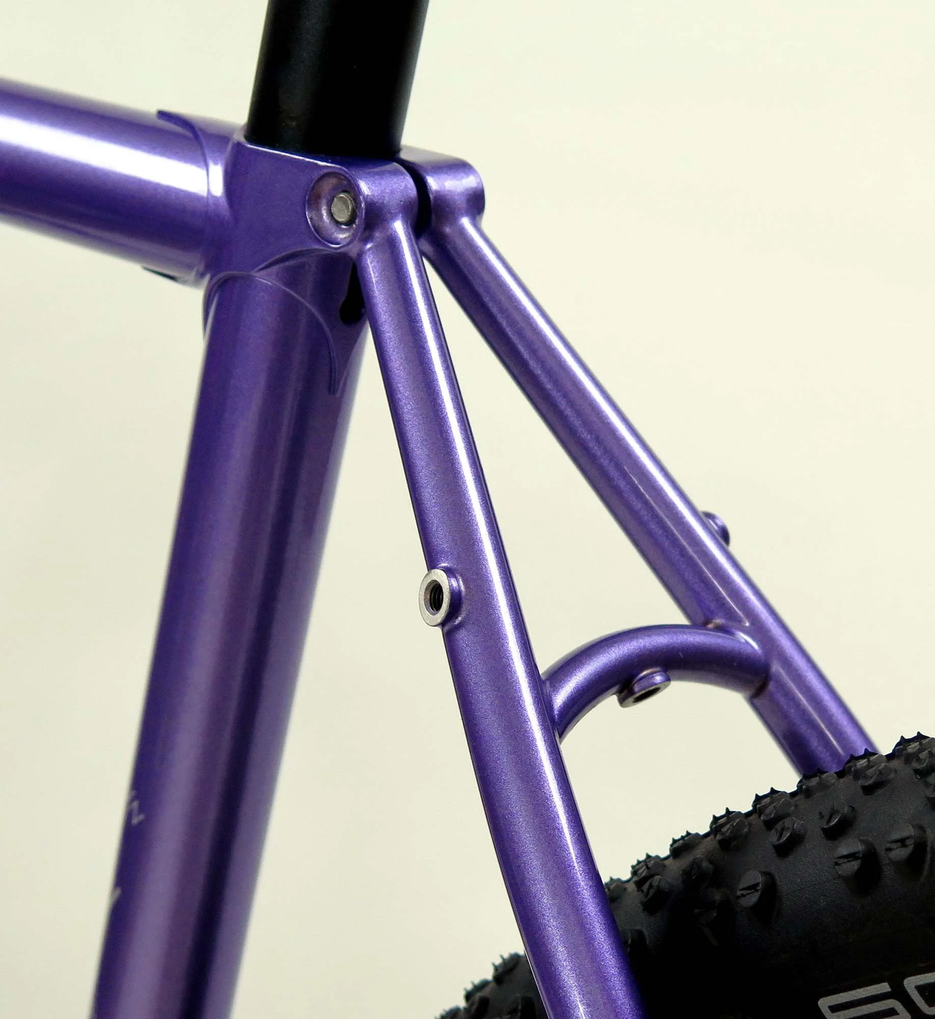  Mounts on the seat stays for a light rack, and a fender mount on the curved seat stay bridge give Angie lots of flexibility on where her Strada Fango can take her!   