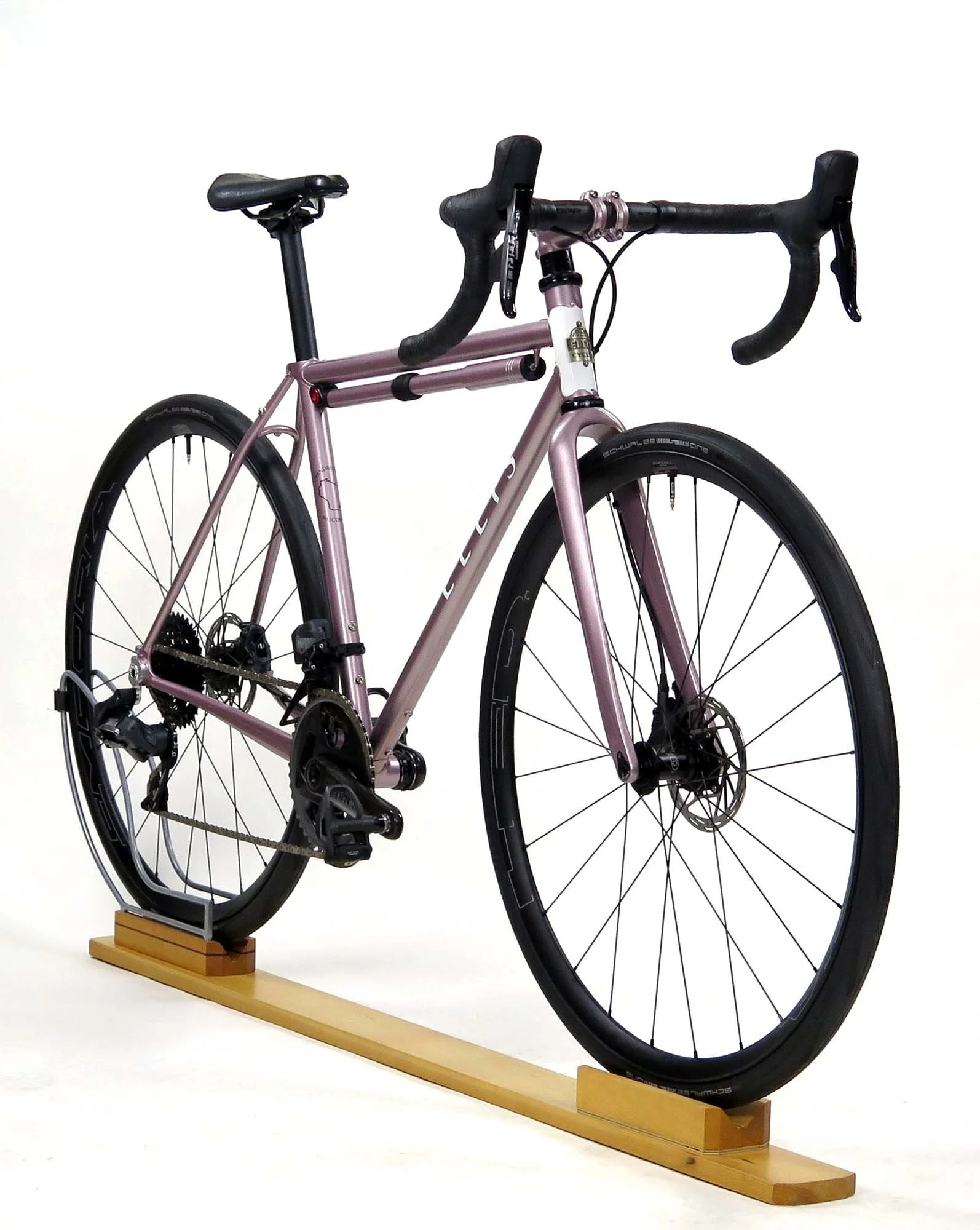  A Ritchey Carbon Gravel fork was a nice match for this road oriented build.  It does allow for wider tires, which came in handy when I installed 34mm Schwalbe One’s for Ride Across Wisconsin.   