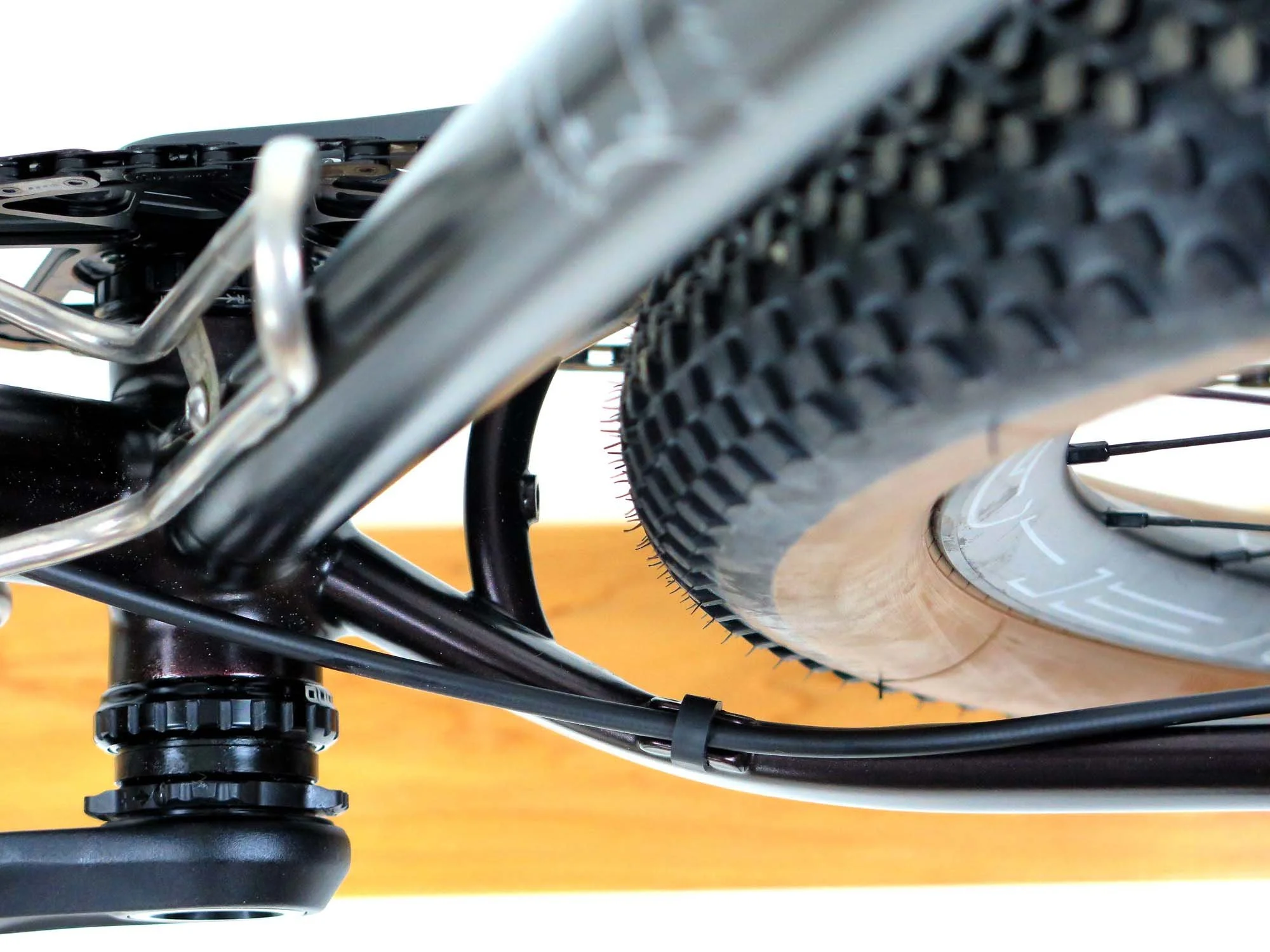  For the Divide and other gravel rides, I’ll use these Rene Herse Fleecer Ridge 55mm tires, or perhaps something even skinnier, but I wanted super wide clearance for bikepacking rides in Northern WI where it can often be quite sandy.  The rear end of