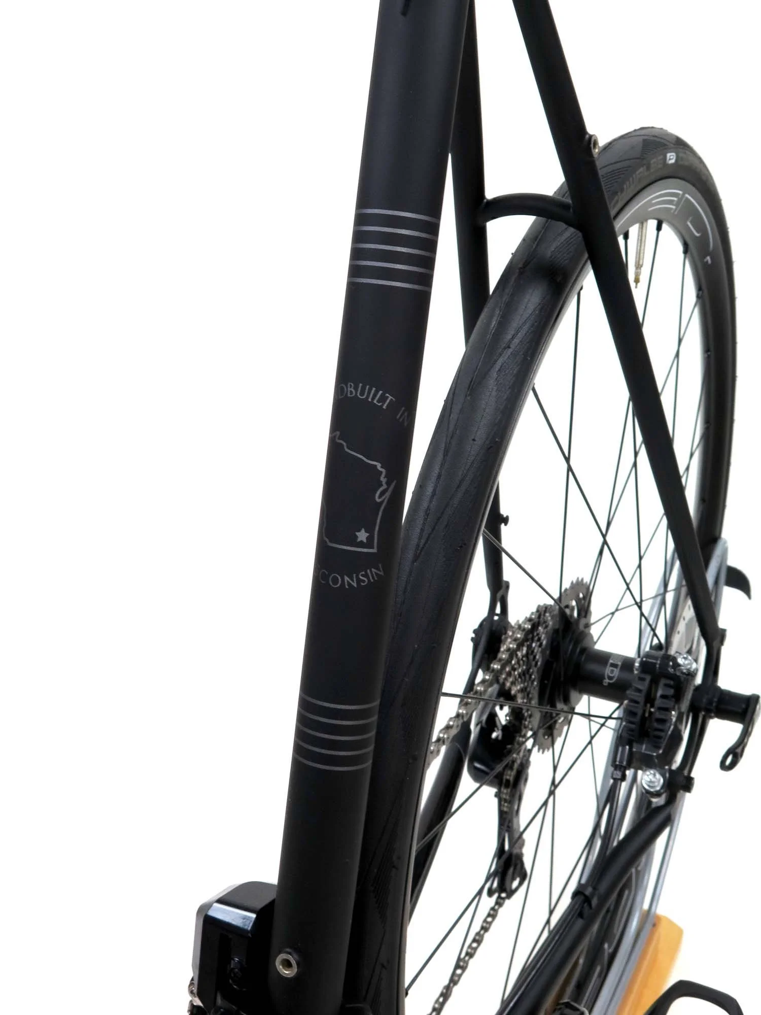  Some very subtle pinstriping around the seat tube “Handbuilt in Wisconsin” logo.   