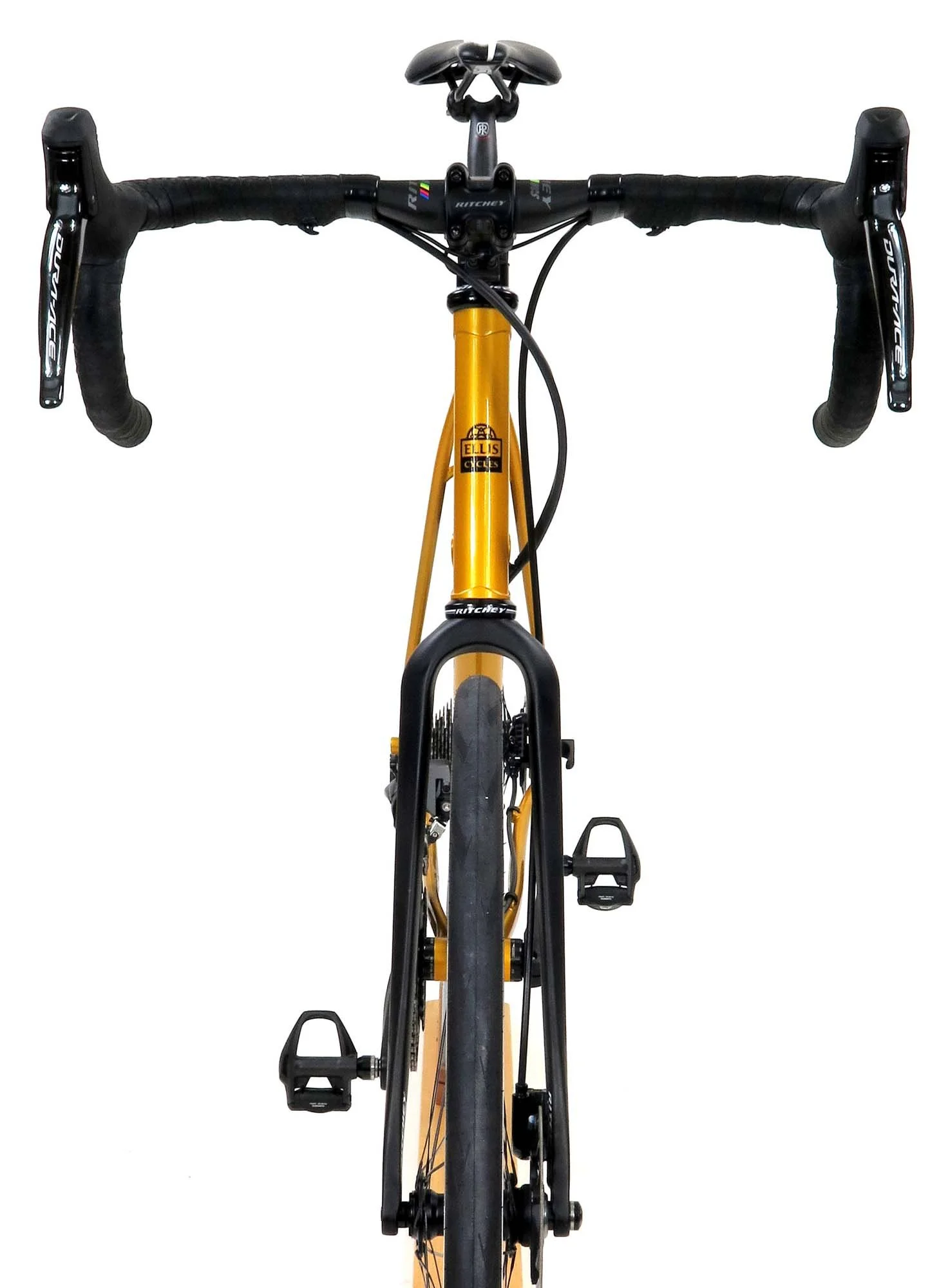  A Ritchey WCS Carbon Gravel fork up front, and if you look very closely you can see my Shimano Di2 satellite shifters under the tops of the bars.  I love being able to shift from the tops by just slightly shifting my finger onto these buttons.   