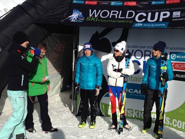 Translating the press interviews in Verbier at the ISMF World Cup in 2014 - Maude Mathys (SUI) , Laetitia Roux (FRA) and Victoria Kreuzer (SUI).