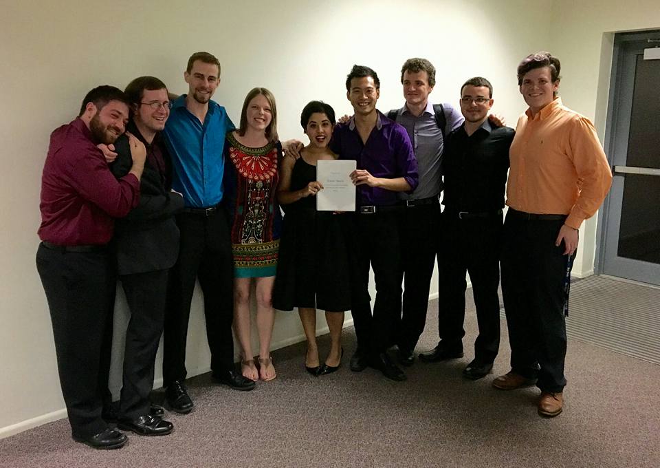  With soprano Ally Smither, conductor Jebat Kee, and Shepherd School of Music musicians after the premiere of “Poetic Study” at Rice University 