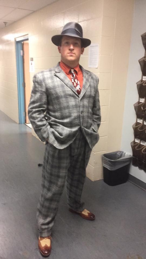 Jacob as Rusty Charlie in Guys & Dolls, waiting to go on in his first show.
