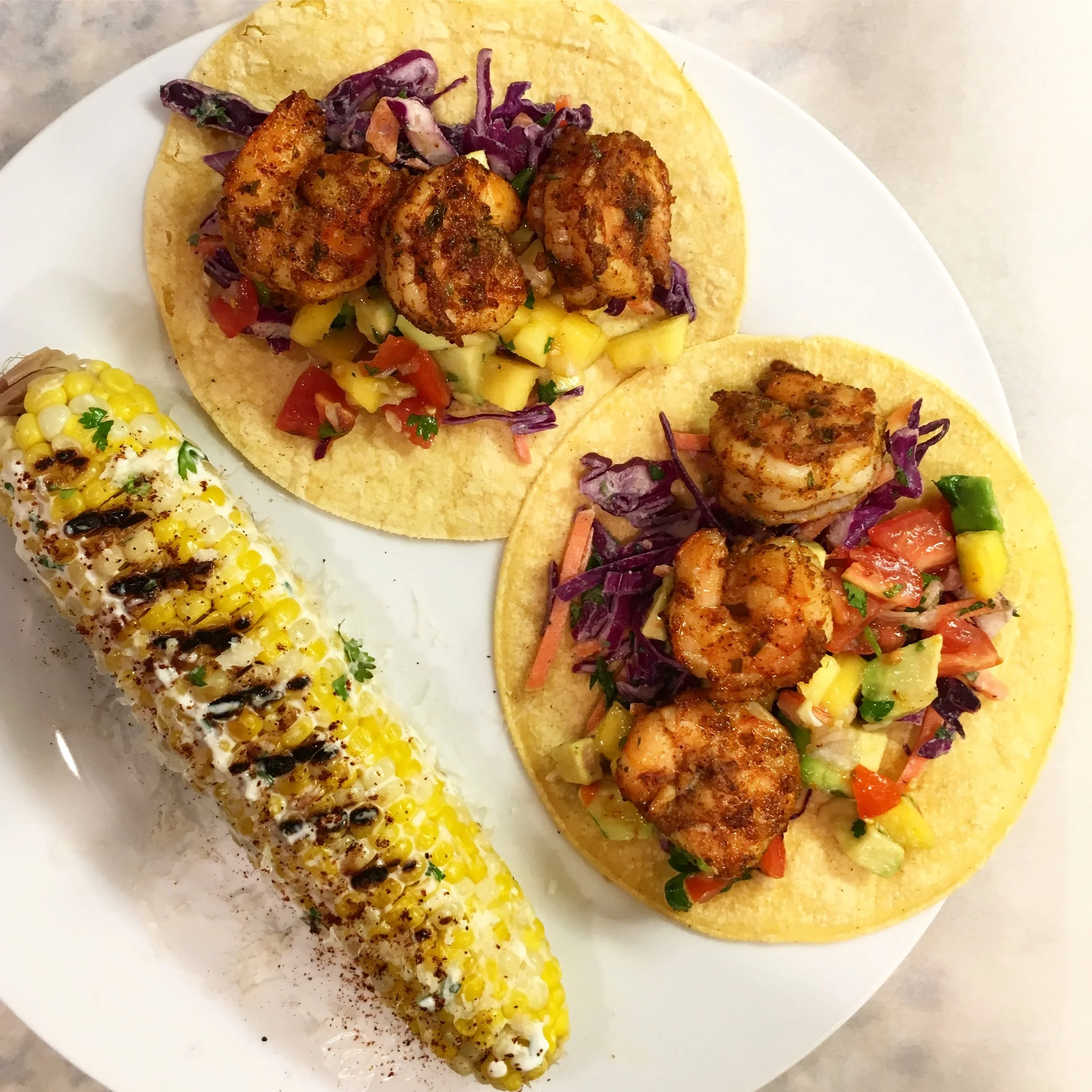 Shrimp Tacos With Shredded Red Cabbage Slaw and Mango Avocado Salsa
