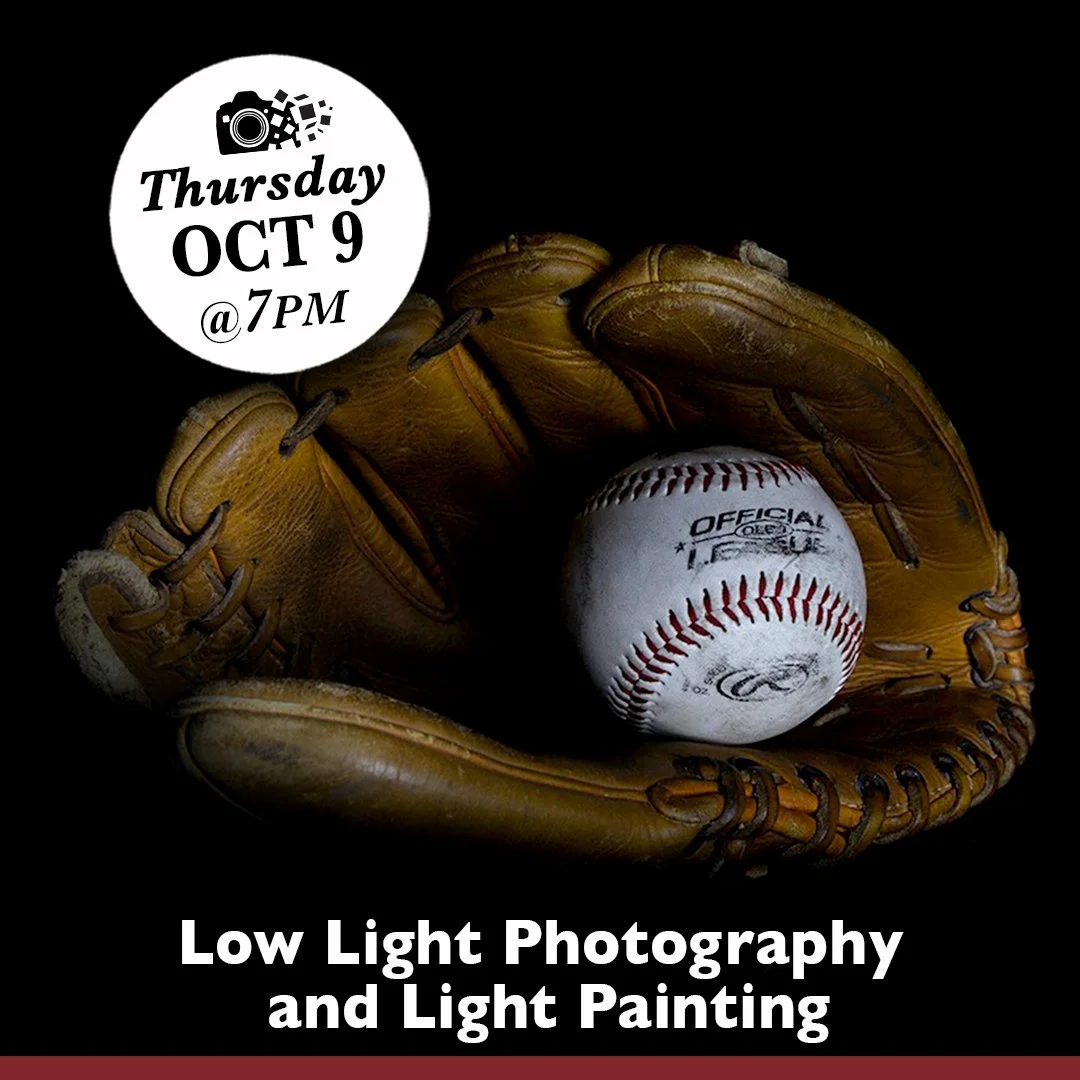 BRING YOUR CAMERA &amp; TRIPOD for LOW LIGHT PHOTOGRAPHY TRAINING along with practice of Light Painting Techniques. Please note change of location for this meeting: Schweitzer Brentwood Branch Library, 2214 S Brentwood Blvd in Springfield from 7-9PM.