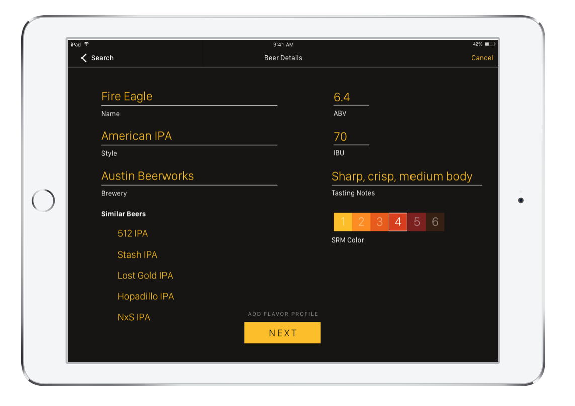 The final iPad app design for the bartender