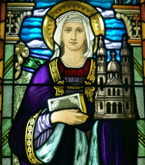 This window of St. Hedwig, from Queen of Peace Church as been fully restored and backlit. This window was manufactured by Frohe Stained Glass Works Company, Buffalo, New York c. 1930