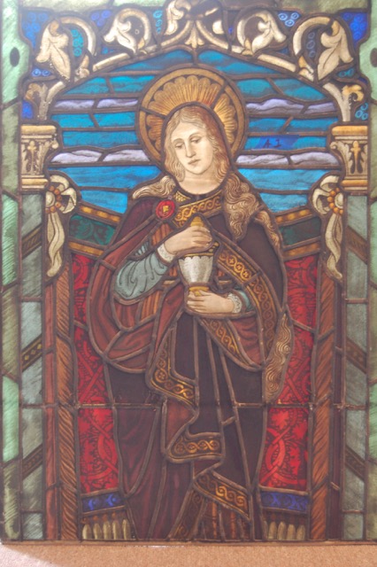 The Mary Magdalene window is also from Queen of Peace Church. This window has been placed in a confessional. Frohe Stained Glass Works Company, Buffalo, New York c. 1930