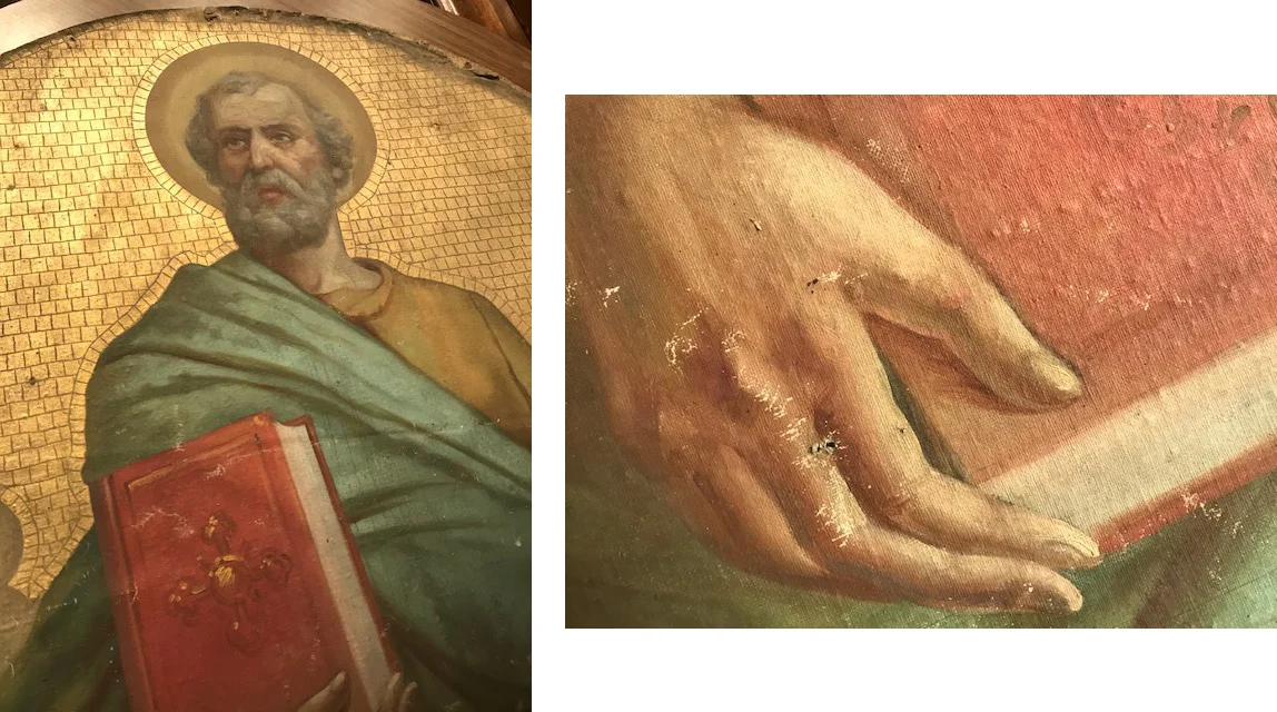 Detail of the St Peter Mural. His hand shows damage that needs repair, as well as cleaning and additional repairs. 
