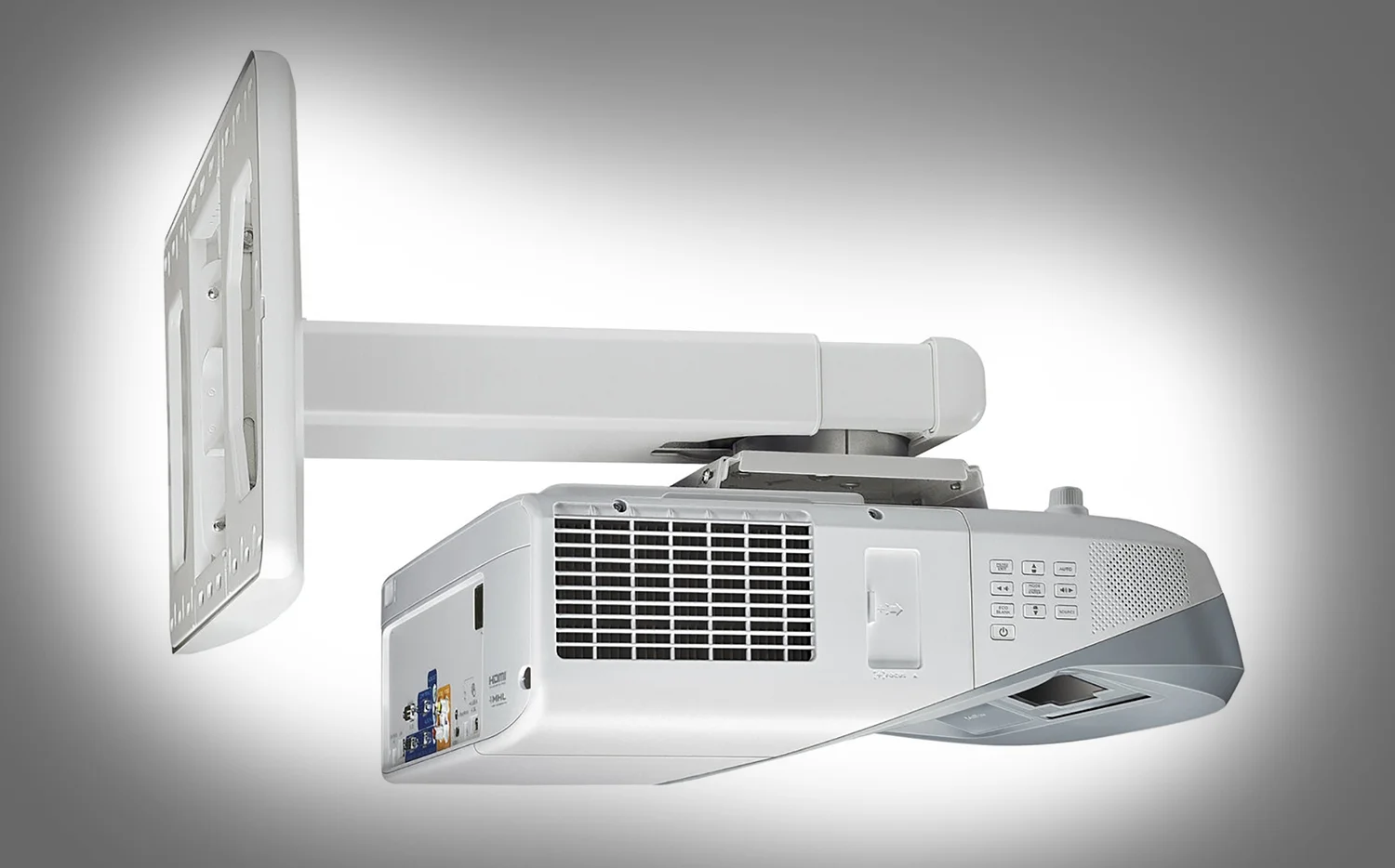 Typical form factor for an ultra- short throw projector with above screen wall mounting hardware.