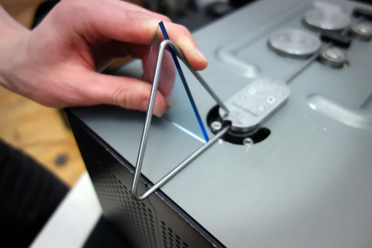 At the Pause Point rotate the bent triangle 115 degrees from its original bend plane.
