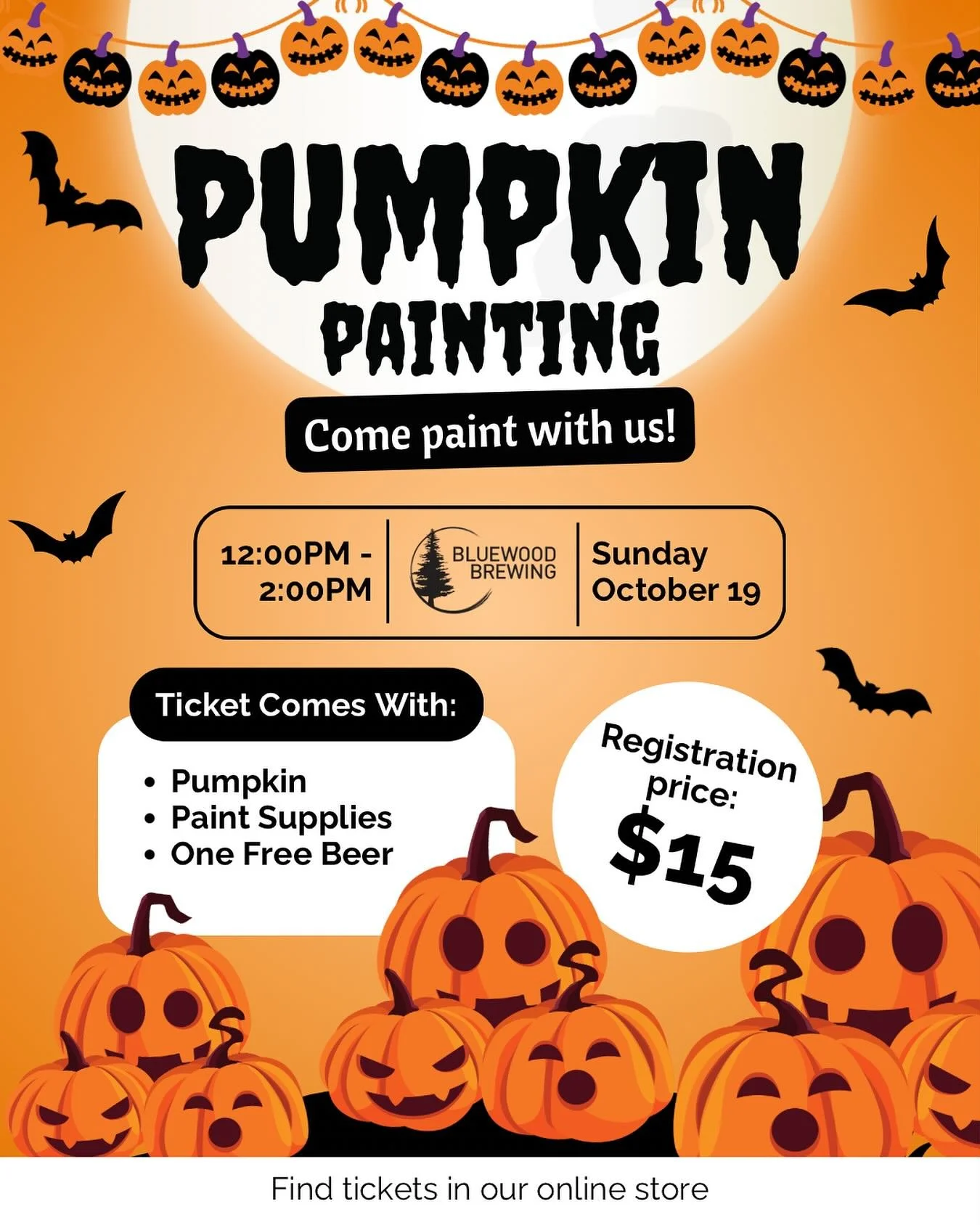 🎃 PUMPKIN PAINTING 🎃

Join us for an afternoon of pumpkin painting on our patio on Sunday 10/19 from 12-2. 🎃

Tickets include your pumpkin, paint supplies, and 1 free beer - have you tried our Dancing with the Pumpkin King yet? 🎃

Tickets availab