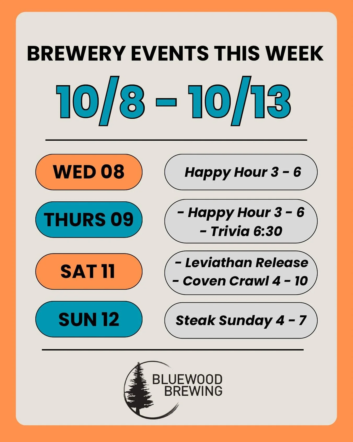 📣 BREWERY EVENTS THIS WEEK 10/8 - 10/13 📣

🍻 Wednesday - Happy Hour 3-6pm. Get $1 off select draft pours and $2 off wings. 

🍻 Thursday - Happy Hour 3-6pm &amp; weekly trivia starting at 6:30. 

🍻 Saturday - Leviathan 2025 bottles are available 