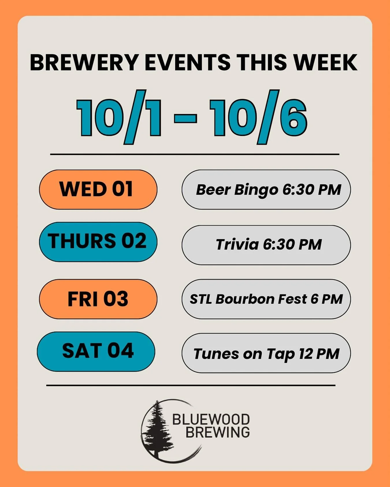📣 BREWERY EVENTS THIS WEEK 10/1 - 10/6 📣

✨ Wednesday - Beer Bingo @ 6:30 pm - Free to play &amp; tons of beer prizes to win. 

❓ Thursday - Weekly Trivia @ 6:30 pm - Free to play &amp; prizes every round. 

🥃 Friday - STL Bourbon Festival @ 6 pm 