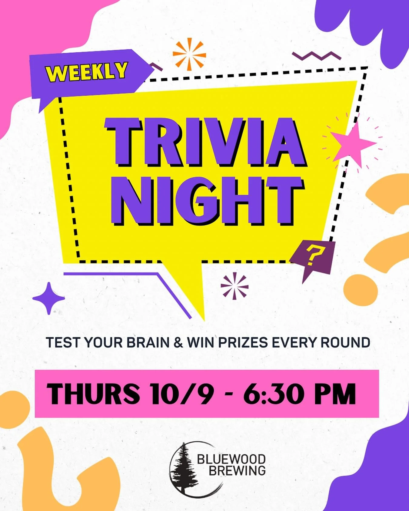 🍻 Weekly Trivia Night - Thursdays at 6:30🍻

✨ Bring your friends and join us tomorrow night for our weekly general trivia

- Free to play
- Prizes every round 
- Come early for happy hour food &amp; drink specials from 3-6

#trivia #triviathursday 