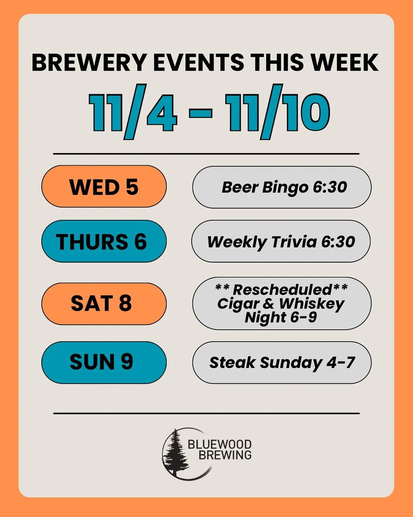 📣 BREWERY EVENTS 11/4-11/10 📣

We have another week of fun events planned 👀 &amp; don&rsquo;t forget - we have Happy Hour on Wednesdays and Thursdays from 3-6! 

🍺 Wednesday - Beer Bingo starting at 6:30. Always free to play &amp; beer prizes eve