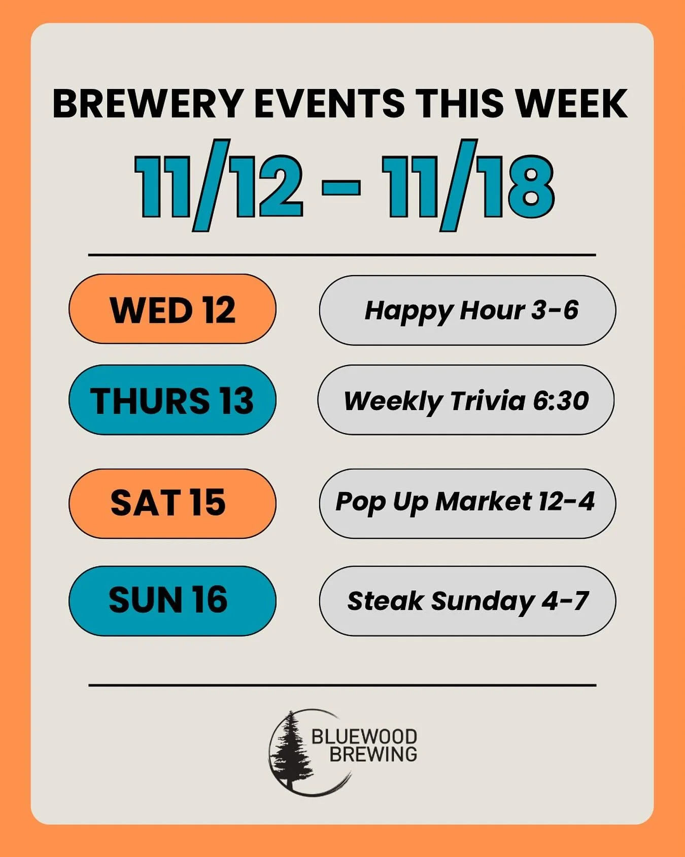 📣 BREWERY EVENTS 11/12 - 11/18 📣

Another week full of fun events planned and we&rsquo;ll be releasing a beer on draft tomorrow 👀 stay tuned! 

😁 Happy Hour: Mondays, Wednesdays, and Thursdays from 3-6. $1 off most draft beers and $2 off wings. 
