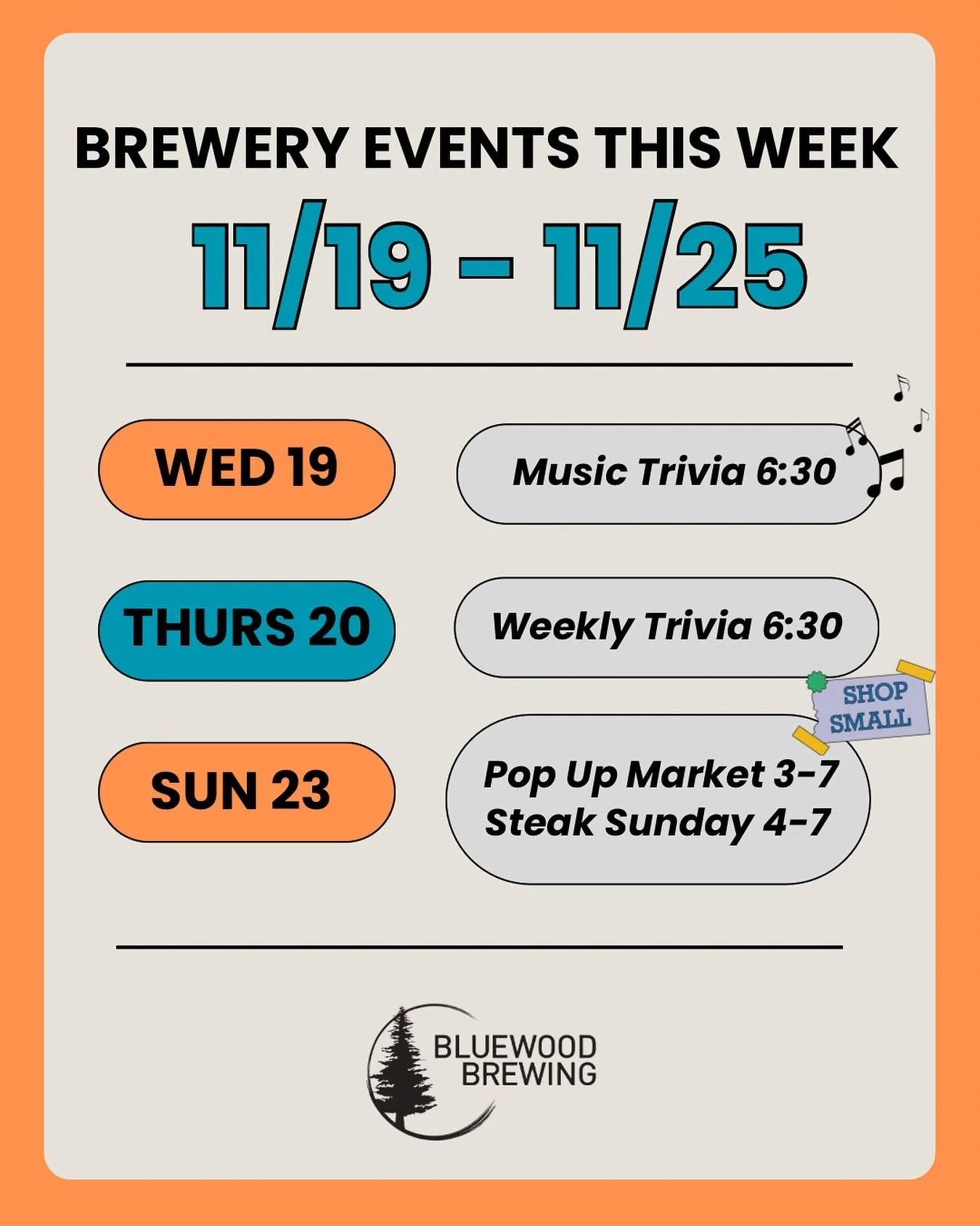 📣 WEEKLY EVENTS 11/19-11/25 📣

Another fun week of events planned for you &amp; our taproom is starting to look festive 🎄 Come sit by our fireplace &amp; have a pint of your favorite Bluewood beer. 

🎶 Wednesday: Music Trivia this week hosted by 