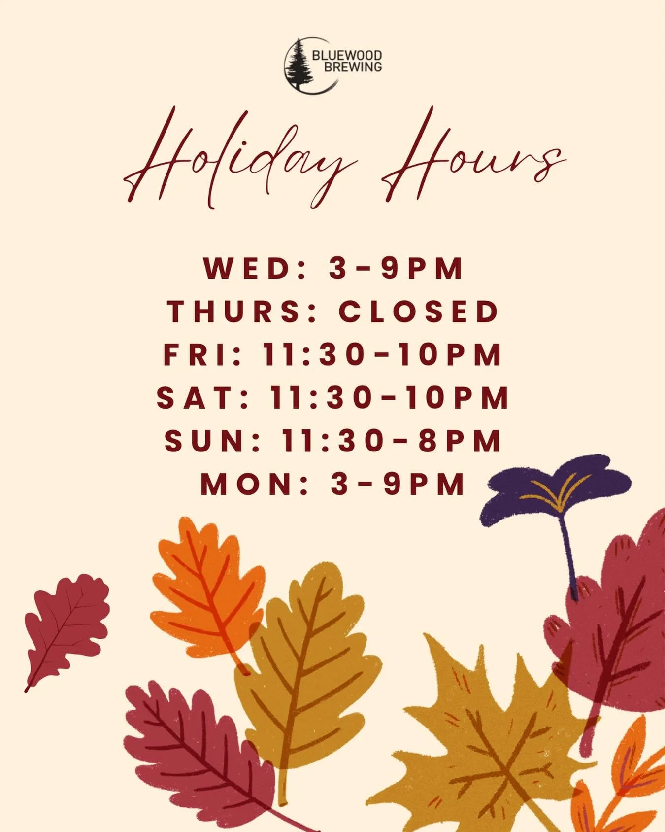 🍂 HOLIDAY HOURS &amp; SPECIALS 🍂

Come in and see us this week! We&rsquo;ve got exciting deals and beer releases you won&rsquo;t want to miss. Plus, our taproom is festive and cozy! 

🍻 Today and Wednesday, buy a full case of Bananas &amp; Blow or