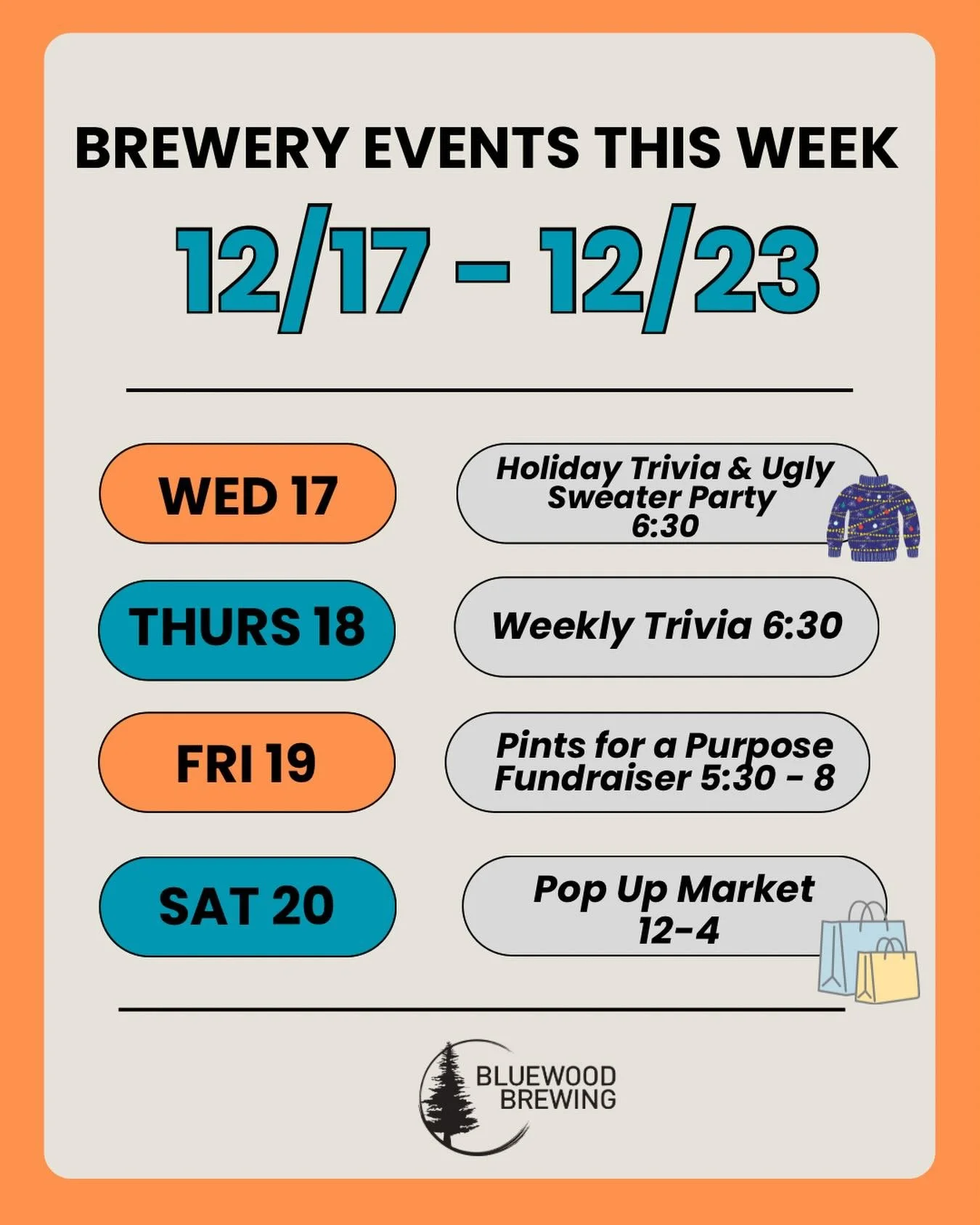 📣 BREWERY EVENTS THIS WEEK 📣

We&rsquo;ve got another fun-filled week planned! We have Happy Hour specials on Wednesday and Thursday from 3-6, new beers on draft, and * drumroll * BRAND NEW MERCH in stock just in time for the holidays. So many reas