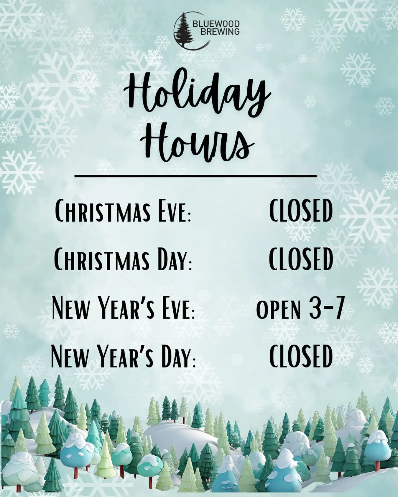 ❄️ HOLIDAY HOURS ❄️

We&rsquo;re counting down the days to Christmas, but we have a few days left to come see us and check out our new merch collection! Please note our holiday hours 🎄

🎄 Christmas Eve - Closed

🎄 Christmas Day - Closed 

🥂 New Y