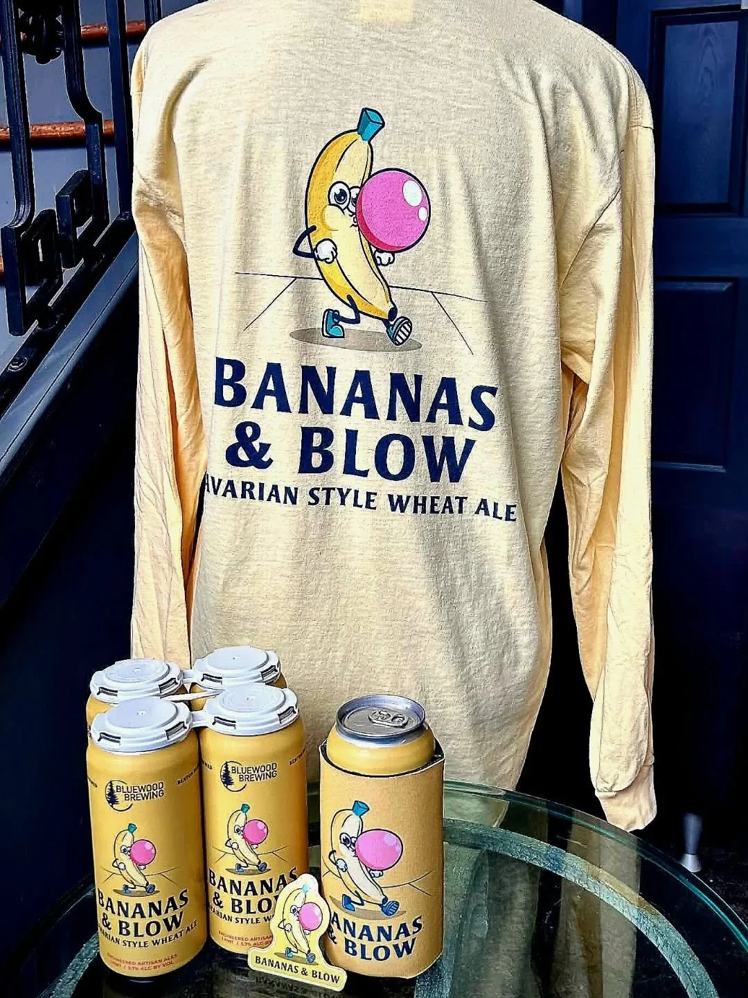 Need a last minute gift idea!?! Bluewood and Bananas and Blow to the rescue with a discounted beer gift package! 

A 4-pack of Bananas and Blow, Bananas and Blow sticker, Bananas and Blow 16oz coozie, and a long-sleeve Bananas and Blow shirt all for 