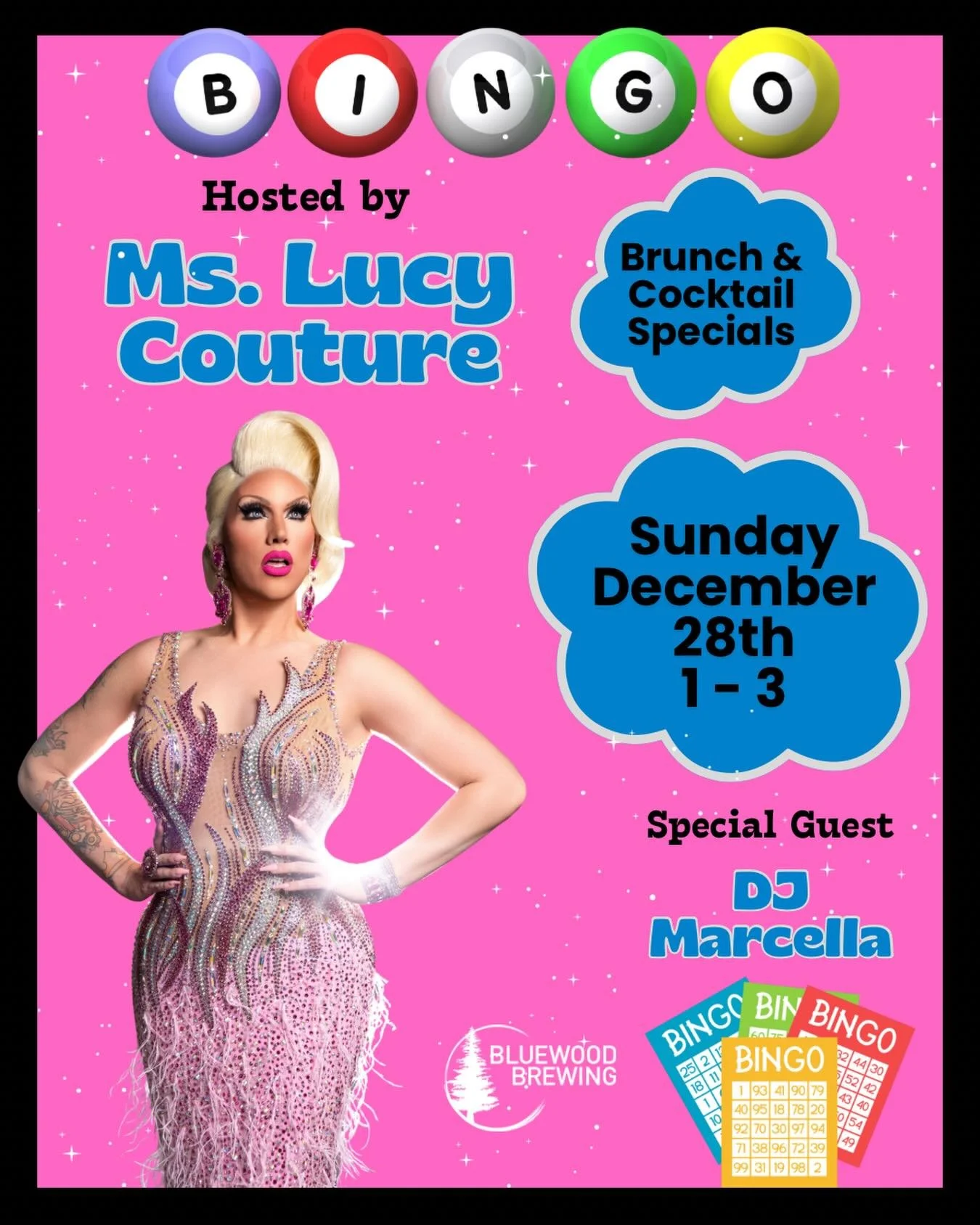 ✨ DRAG BINGO &amp; BRUNCH ✨

📆 Sunday 12/28 1-3pm

🎤 Calling all Bingo fans for our drag bingo &amp; brunch hosted by @mslucycouture with special guest DJ Marcella. Prepare for an afternoon of entertainment and music! Bingo is free to play and priz