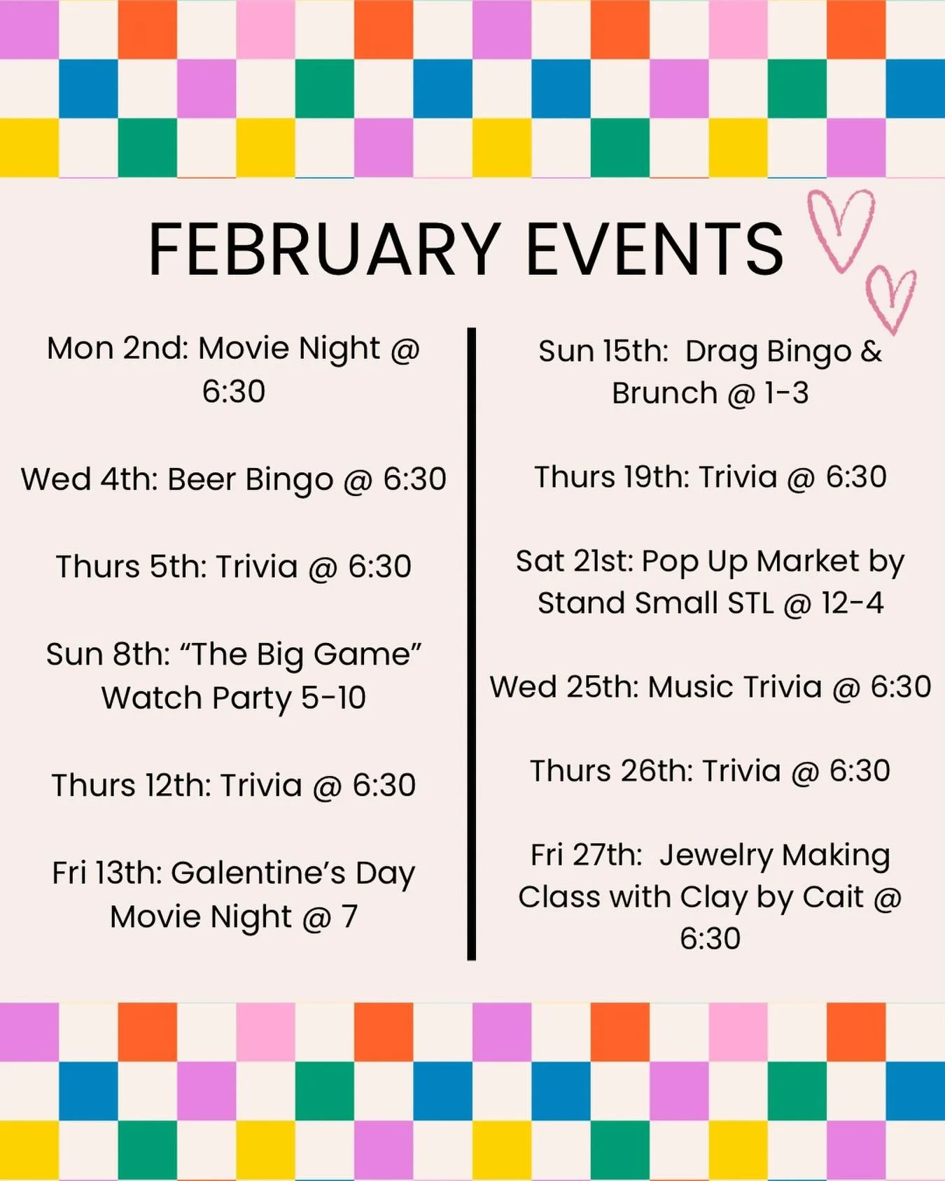 💕 FEBRUARY EVENTS 💕

We&rsquo;ve got a fun filled month of events planned for you! With trivia nights and bingo nights hosted by @jacobviweekly and our monthly Drag Bingo &amp; Brunch event hosted by @mslucycouture to our first Pop Up Market of the