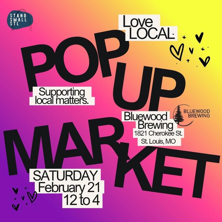 🛍️ Love Local. Support Local. 💕

📆 Saturday 2/21, 12-4pm

✨ Join us for our first monthly pop-up market of the year! Hosted by @standsmallstl who always curates an exciting group of local vendors. There&rsquo;s something here for everyone. Come sh