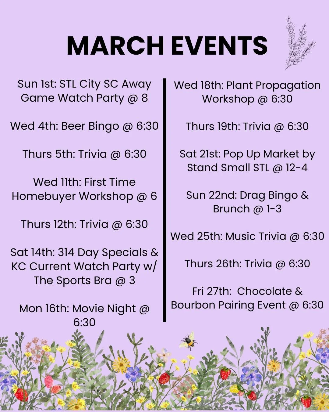 🍀 MARCH EVENTS 🍀

The weather is starting to warm up, and our patio is the perfect spot to hang out! We've got another fun-filled month of events planned for you, so check them out! We have our weekly trivia nights hosted by @jacobviweekly, our mon
