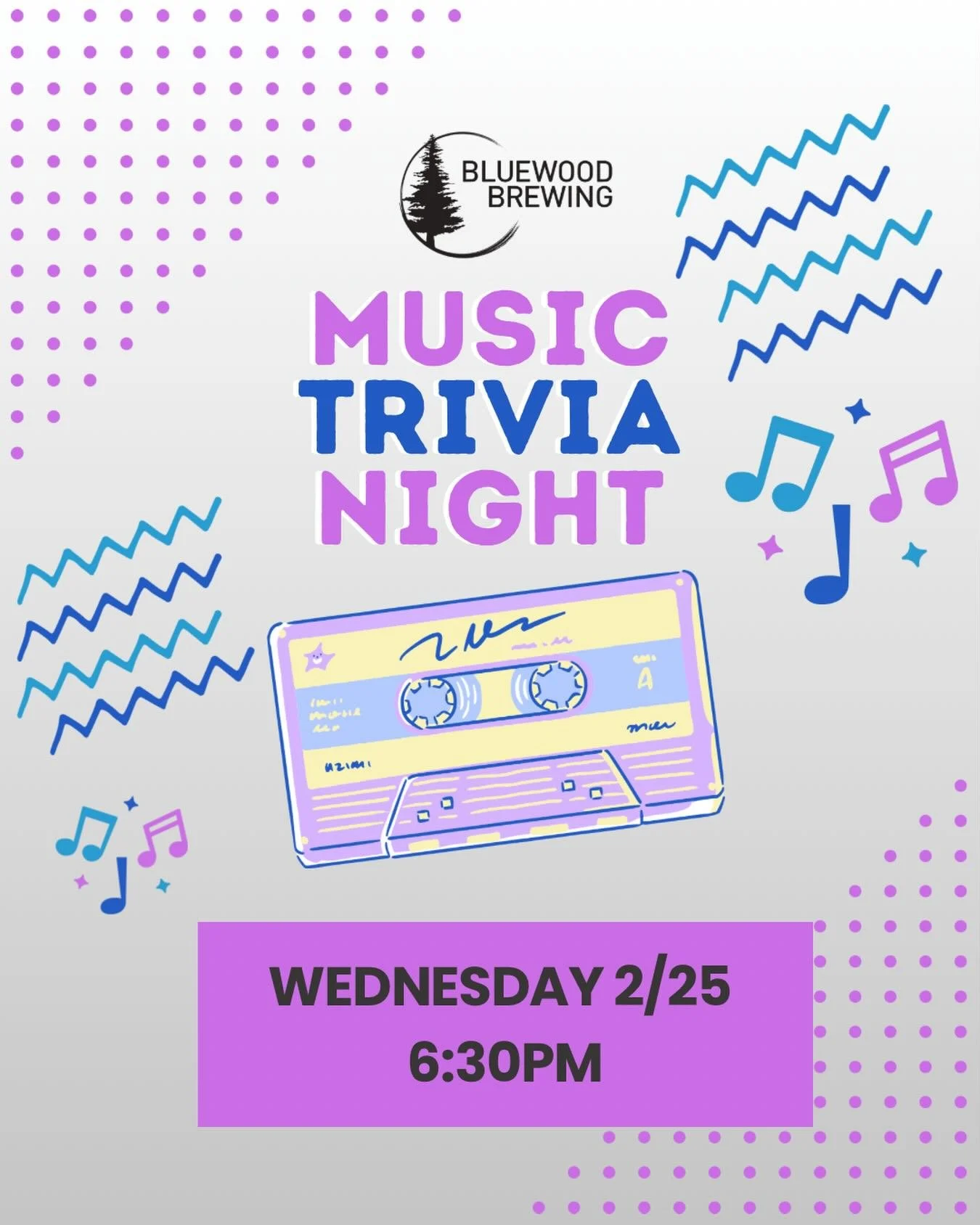 🎵 MUSIC TRIVIA NIGHT 🎵

📆 Wed 2/25, 6:30pm

Think your music knowledge is pretty good? Let&rsquo;s put it to the test at our monthly Music Trivia Night this Wednesday at 6:30. Rounds include general music knowledge, a picture round, and &ldquo;Nam