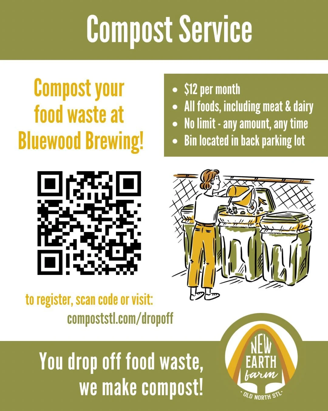Interested in composting? We are excited to announce that we are partnering with @newearthfarmstl to make composting more accessible in @benton_park with a new food waste drop off bin! 

We will host the bin in our back parking lot (see post pictures