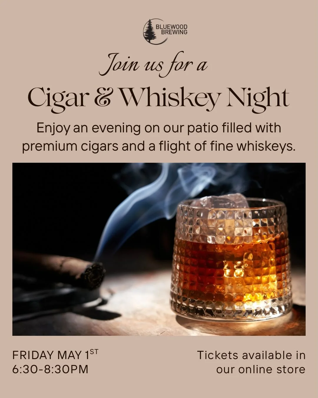 🥃 CIGAR &amp; WHISKEY NIGHT 🥃

📆 Friday 5/1, 6:30-8:30

Grab some friends and come enjoy a relaxing evening on our patio with premium cigars and a flight of Four Roses whiskeys. Tickets available in our online shop. Limited seats available and we 