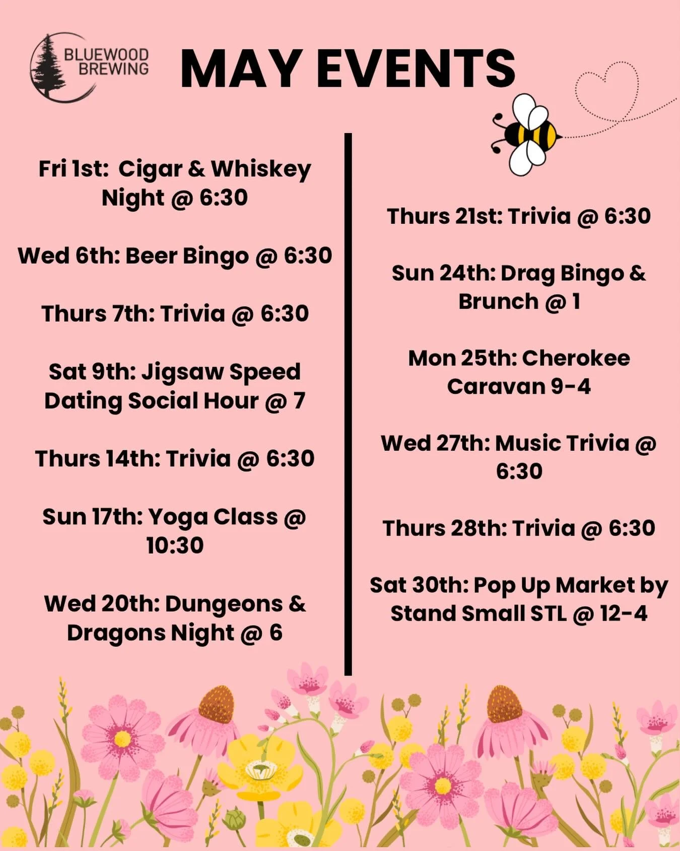 🐝 May Events at Bluewood 🐝

The sun is shining and we&rsquo;re ready for springtime patio season! We have another month full of fun events from our weekly Thursday night trivia hosted by @jacobviweekly to our monthly Beer Bingo and Music Trivia nig