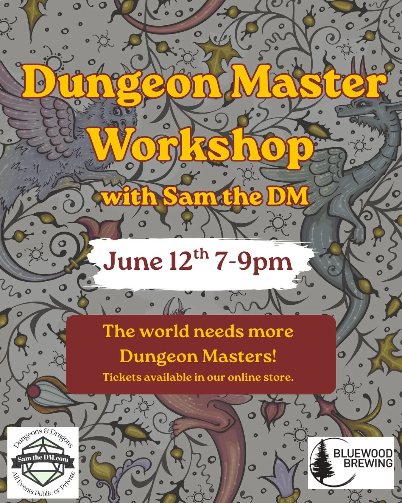 🎲 Dungeon Master Workshop with @samthedmkemp 

‼️ The world needs more Dungeon Masters! Come learn the ins and outs of running tabletop games with experienced local Dungeon Master Sam the DM. Build your confidence behind the screen and brush up on y