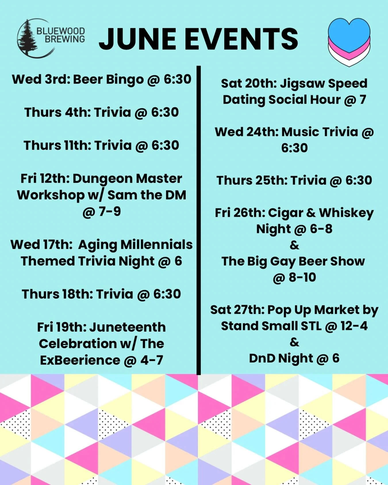🪩 JUNE EVENTS 🪩

Cheers to summer and a month of fun events here at the brewery! Don&rsquo;t forget about our shaded patio - perfect for afternoon drinks with your pups! 🐶 

This month is full of fun bingo &amp; trivia nights hosted by @jacobviwee