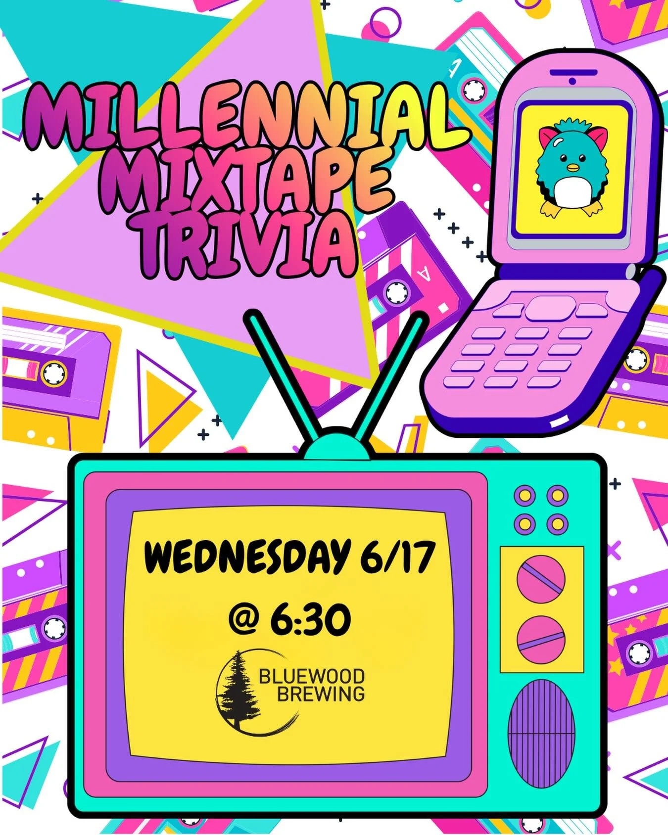 📼 MILLENNIAL MIXTAPE TRIVIA 📼

Were you born in the 80s or 90s? Were you the proud parent of a Tamagotchi? Did you survive Y2K? How you doin&rsquo;? Join us for a Millennial Mixtape Trivia night - music, movies, games, and more! NOW that&rsquo;s wh
