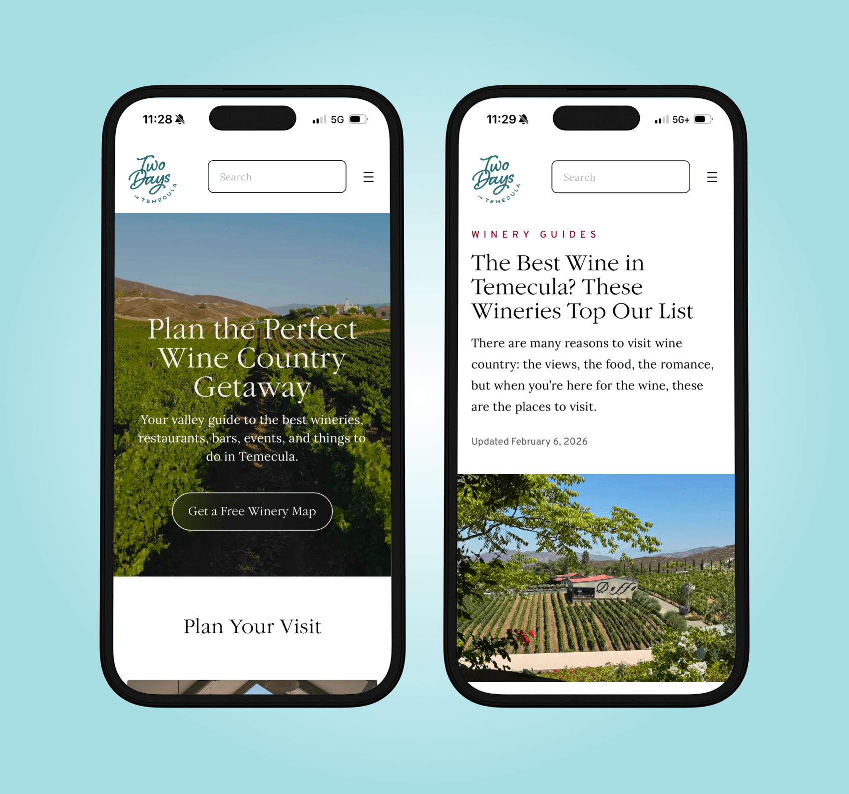 A screenshot of two mobile screens of the Two Days In Temecula website