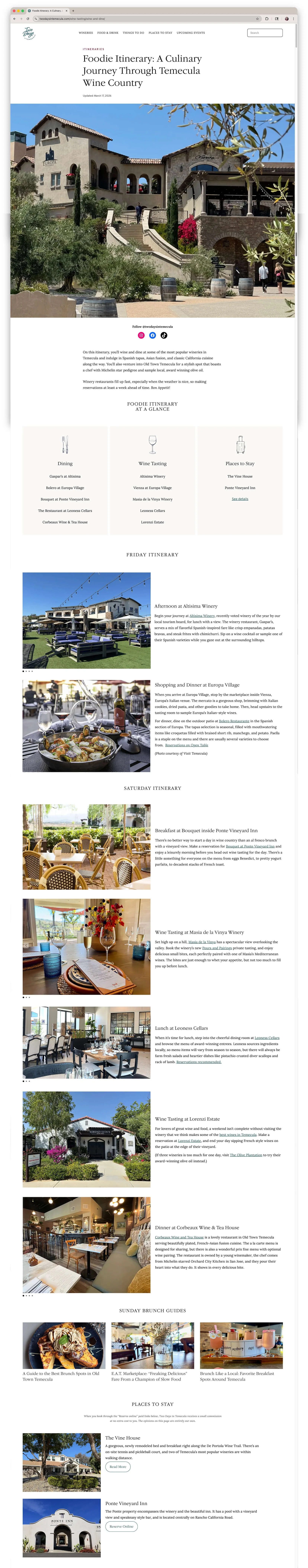 A screenshot of the Foodie itinerary on the Two Days In Temecula website.
