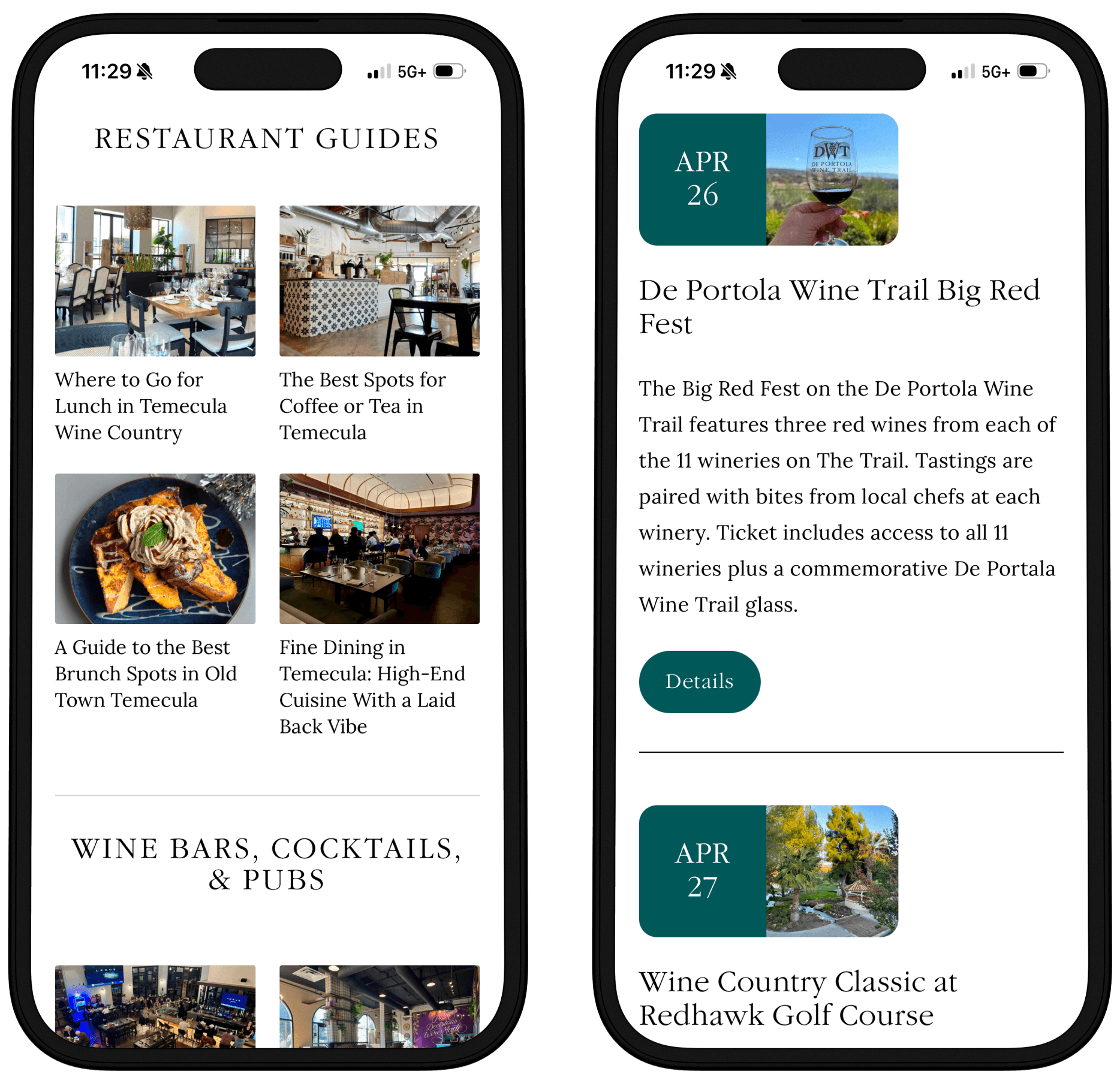 Screenshot of mobile restaurant guide and events page