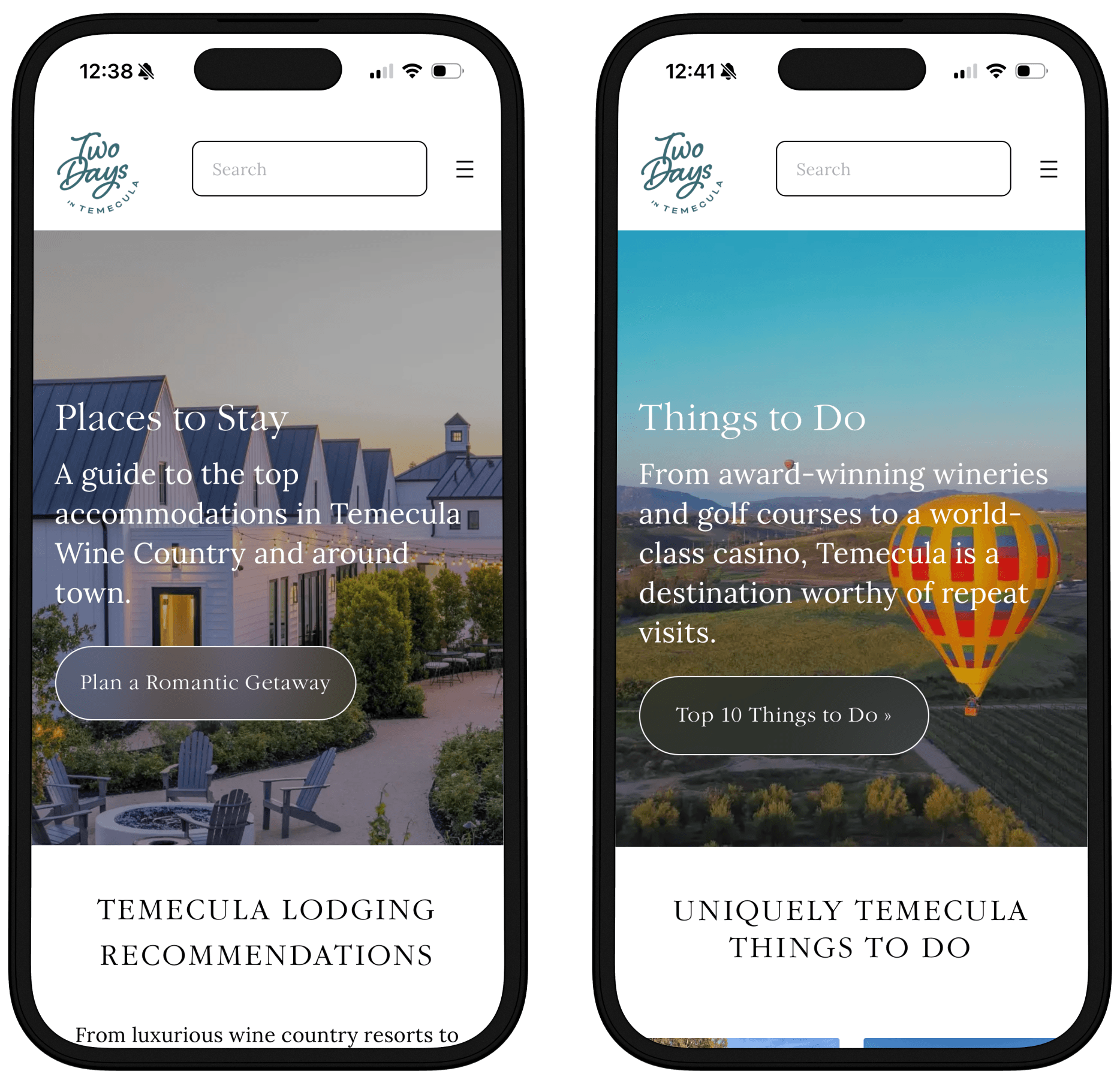 Screenshots of two mobile landing pages