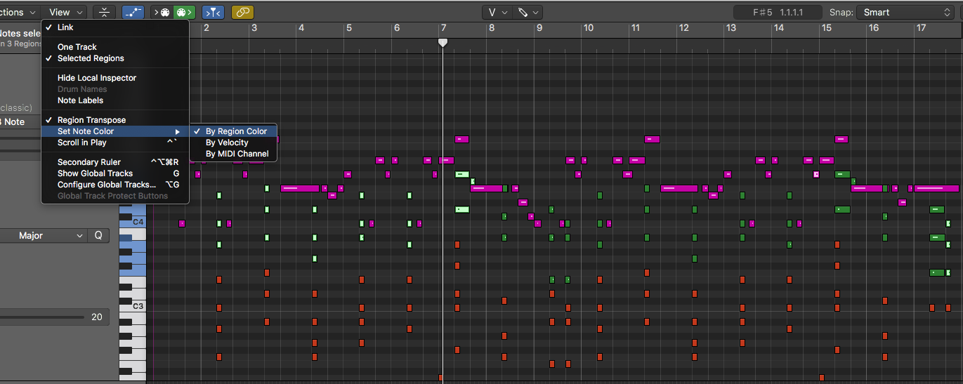 Select 'View' then 'Set Note Color' and then select 'By Region Color' and BAM!